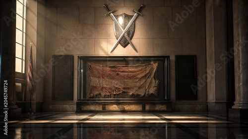 divisive. A tattered battle flag displayed beneath a sculpture of a crossed sword and shield in a memorial hall. event programs.