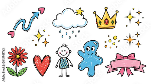 Obraz na płótnie Cute doodle icon set with heart crown cloud flower and ribbon