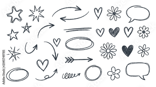 Fotografie Hand drawn doodle icons with stars arrows hearts flowers and bubbles
