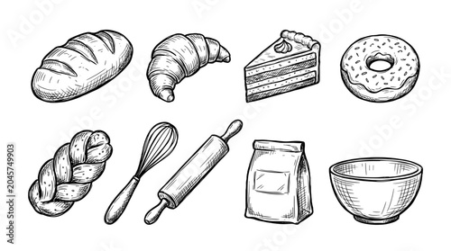 Fotografie Hand drawn bakery and baking elements set in black outline