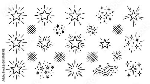 Obraz na płótnie Hand drawn star sparkle and glitter doodle icon set
