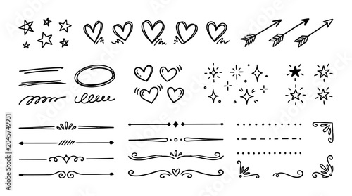Fotografie Hand drawn doodle stars hearts arrows and decorative line set