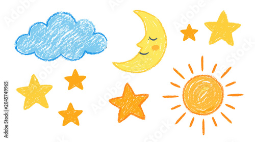 Fotografie Hand drawn crayon cloud moon stars and sun doodle set