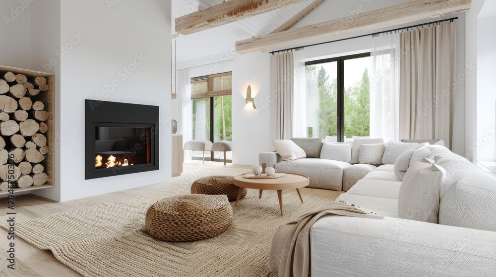 Fototapeta premium Cozy Modern Living Room with Fireplace, Natural Light, and Stylish Decor for Relaxation and Comfort
