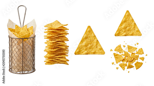 Golden Triangle Tortilla Corn Chips Basket Stack Top Broken Scattered Transparent PNG Isolated White Background Views Set