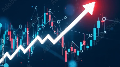 Rising Market Trend Upward Arrow Over Digital Candlestick Financial Data.