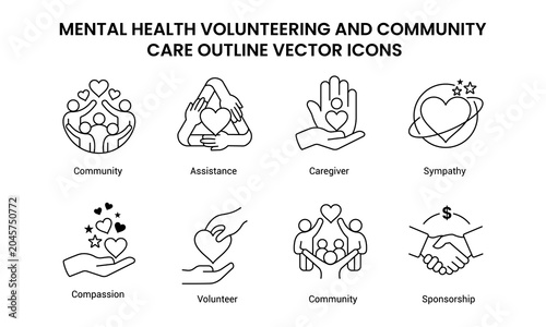Photography Mental Health Volunteering and Community Care Outline Vector Icons
