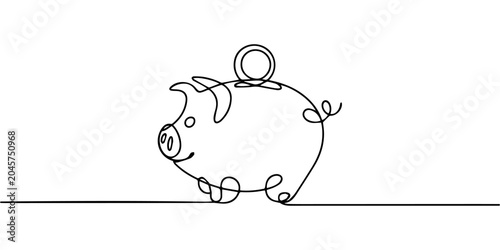 piggy bank continuous one line drawing, One line drawing of a piggy bank and a dollar coin representing savings and financial growth. Vector, illustration, Minimalist piggy bank with coin line art on 