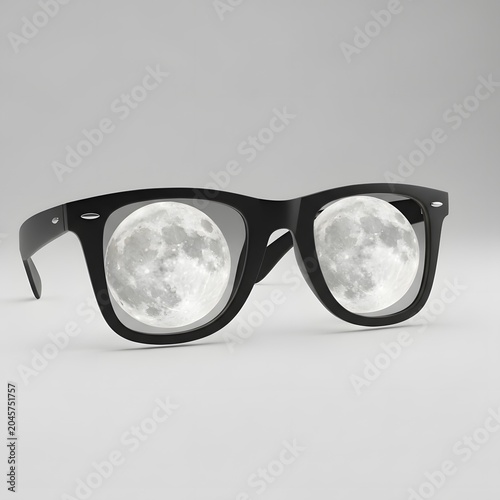 Eyewear reflecting a luminous moon, surreal perspective on vision