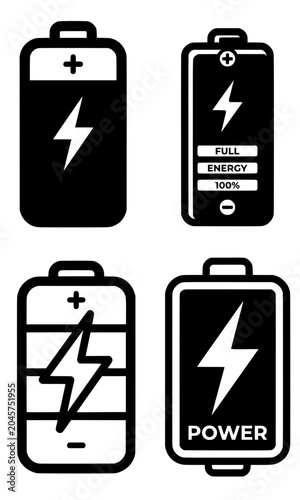 Canvas Print Minimalist battery charging power icons set with full energy and lightning symbo