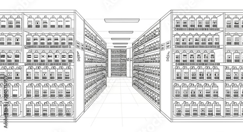 Obraz na płótnie Shopping aisle in a supermarket, shelves full of products, line drawing, perspec