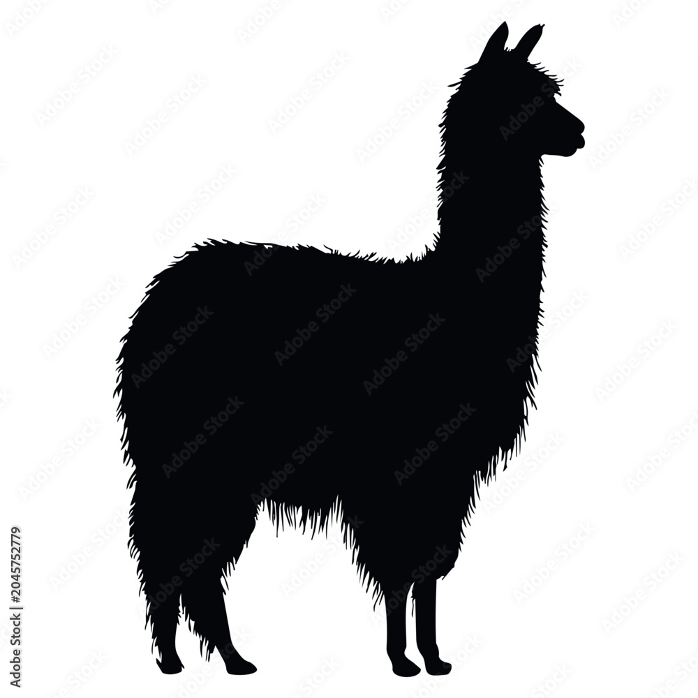 Naklejka premium Simple black silhouette of llama on white background, emphasizing animal form, nature, countryside life concept. Ideal for icons, posters and illustrative design work