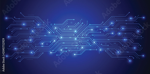 Photography Technology circuit board design with blue light points and digital elements on dark background