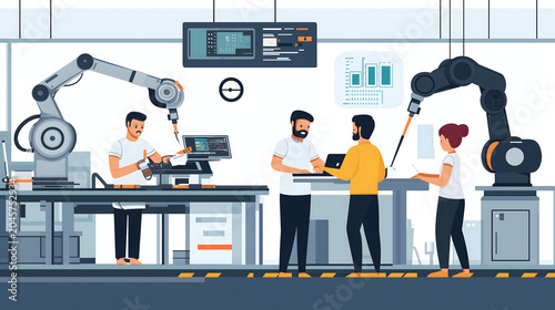 Team of professionals collaborating with industrial robots in modern smart factory