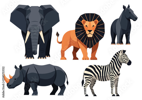 Photography Geometric African Animal Illustrations Set - Low Poly Style Lion, Elephant, Rhin