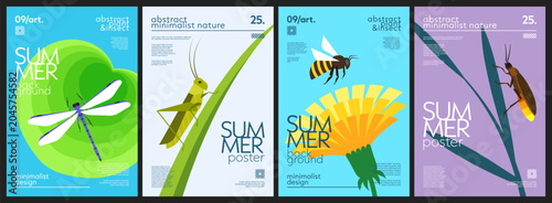 Minimalist geometric set of nature summer backgrounds with dragonfly, grasshopper, bee, firefly, dandelion, grass, water lily leaf. Simple design of insects and plants for cover, poster, banner, card