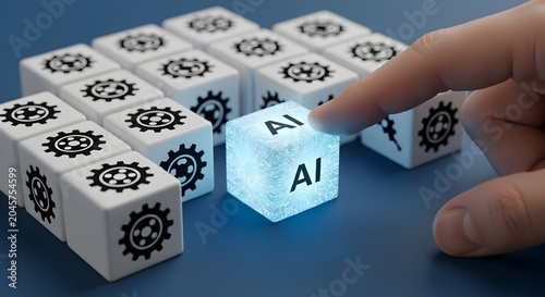 Hand placing a glowing ai cube among gearpatterned blocks