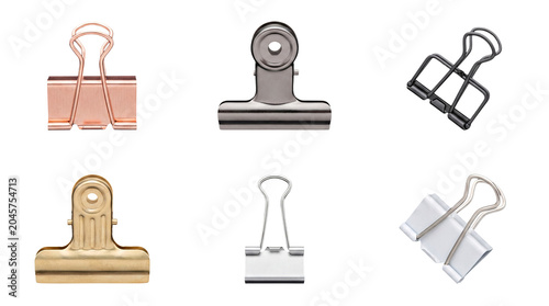 фотографія Assortment of office binder clips and clamp clips in multiple colors and metallic finishes