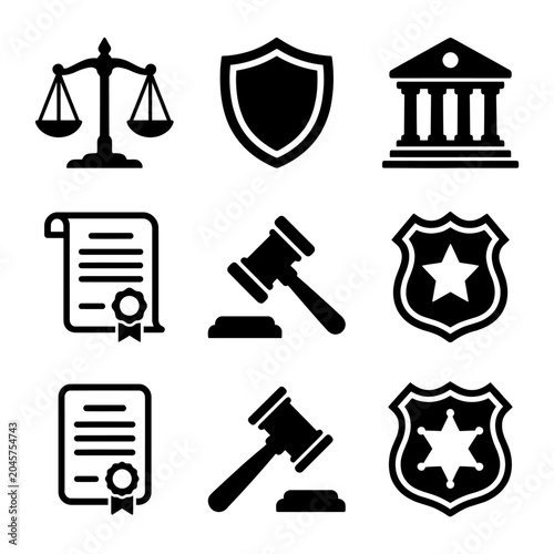 Law and Justice Icon Collection with Court Shield Gavel Certificate and Legal Symbols