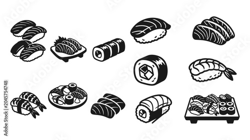 Sushi and Japanese Food Silhouette Collection with Nigiri Maki Rolls and Traditional Cuisine