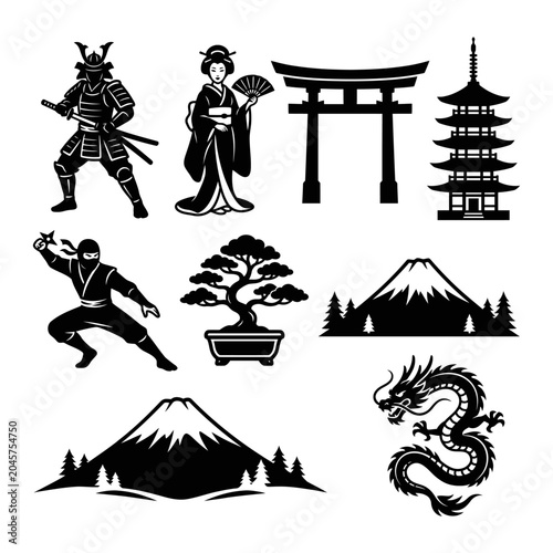 Japanese Culture Silhouette Set with Samurai Ninja Geisha Torii Gate Pagoda and Dragon