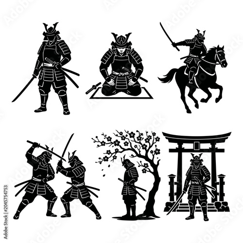 Samurai Warrior Silhouette Set with Sword Fighting Japanese Culture and Traditional Icons
