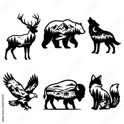 Wildlife Animal Silhouette Set with Deer Bear Wolf Eagle Bison and Fox