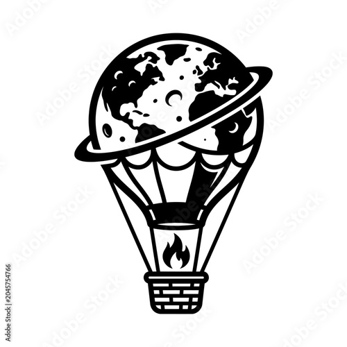 Planet Hot Air Balloon Logo with Moon Sky Travel and Adventure Concept
