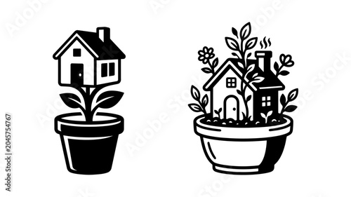 House Plant Logo Collection with Home Growth Real Estate and Eco Living Concept