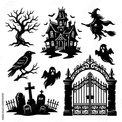 Halloween Horror Silhouette Set with Haunted House Witch Ghost Raven and Cemetery Elements