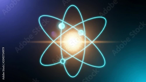 Dynamic Atomic Structure Glowing Electrons Orbiting Bright Nucleus in Dark Space.