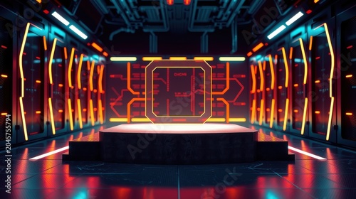Futuristic stage setup. Dark room with glowing neon lights, platforms, complex circuitry visible. Dramatic lighting creates depth.