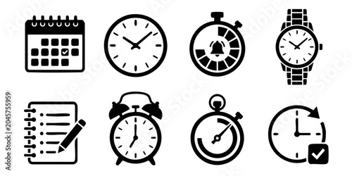Foto Various clocks and calendars are displayed on a clean surface.