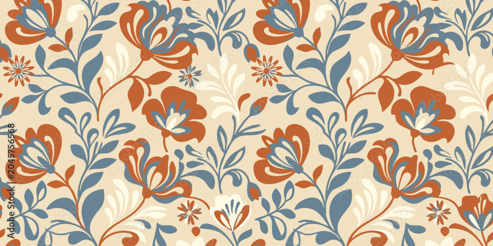 Fototapeta premium Vibrant floral pattern with orange and blue flowers on cream background