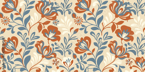 Quadro em tela Vibrant floral pattern with orange and blue flowers on cream background