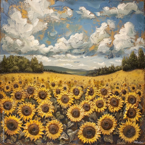 A large sunflower field. Colorful sky with spectacular clouds. Rural landscape. The warm sunlight turns the flowers golden.