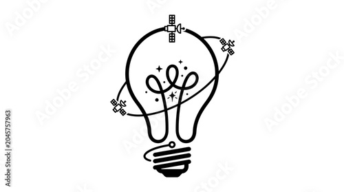 A creative black and white line art illustration of a lightbulb with a satellite and orbiting elements, symbolizing innovation and global ideas.