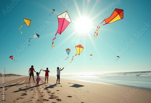 Colorful Kites Soaring Against the Wind on a Sunny Beach Day