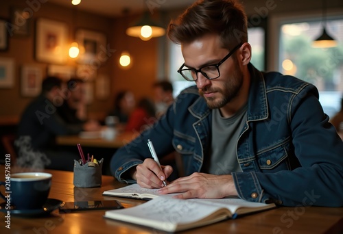 Creative Writer Engrossed in Novel Manuscript Candid Shot at Cozy Cafe with Laptop and Coffee