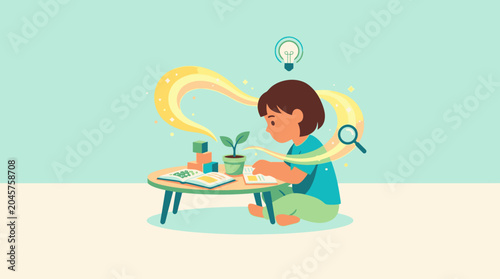 Child learning and exploring with curiosity, growing plant, lightbulb idea, and magnifying glass