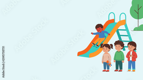 Diverse group of children enjoying a colorful playground slide on a sunny day, illustrating childhood fun and outdoor activities.