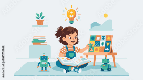 Little girl learning and playing with robots and books, bright idea lightbulb above her head