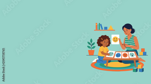 Mother teaching child about emotions using flashcards with faces and colors, promoting emotional intelligence and learning