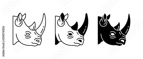 Photography Rhino Head Icons, Set of 3 Stylized Vector Graphics, Wildlife and Safari Themes