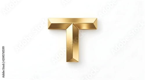 Symmetrical angular golden T monogram with broad beveled arms and centered vertical pillar on clean white background, projecting strength, balance and reliability for banks, technology enterprises or 