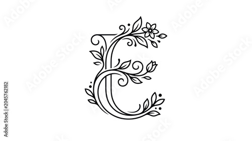 Elegant Floral Letter E Monogram - Vintage Botanical Alphabet Design