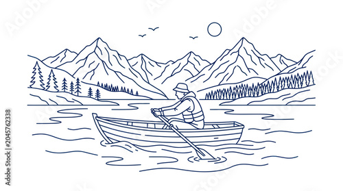 Картината върху платно Man rowing boat on lake with mountain landscape, line art illustration
