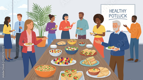Healthy Office Potluck Lunch Gathering with Diverse Foods