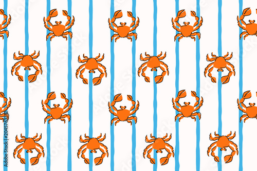 Summer seamless pattern with red crabs and blue stripes. Hand drawn vector illustration.