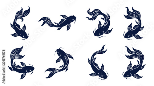 Set of Japanese Koi Fish Illustrations, Dark Blue Silhouettes on White Background